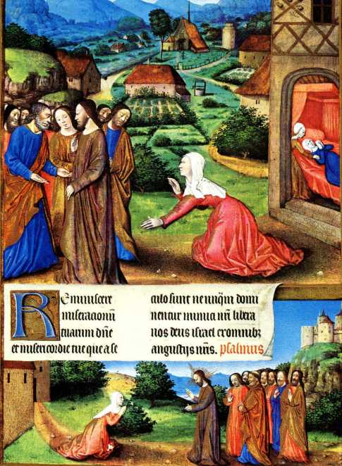 Jesus and the Canaanite Woman, illuminated parchment, folio 164r, Les Tres Heures du Duc du Berry, 1412-1490, Chateau de Chantilly, France