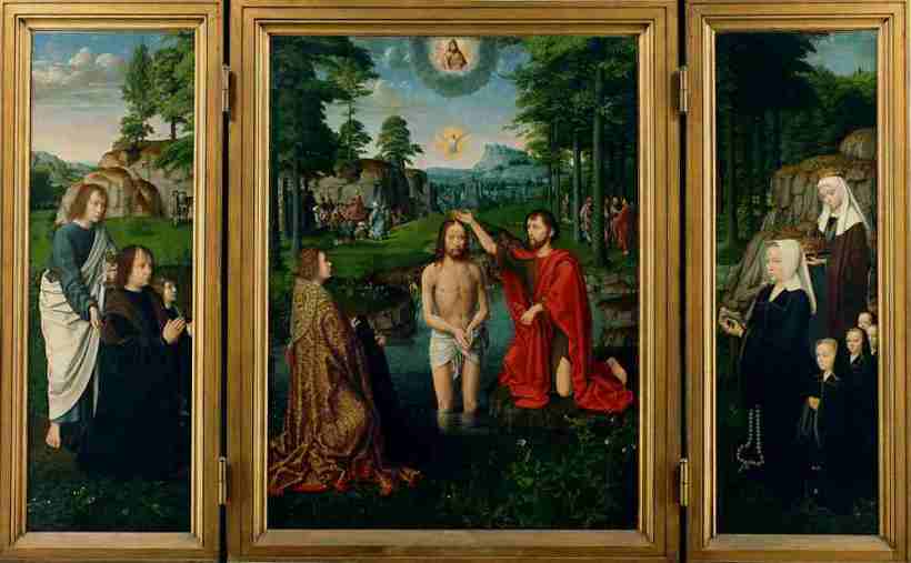 Baptism of Christ, altarpiece, triptych, oil on wood, Gerard David, ca 1507, Groeningemuseum, Bruges, Belgium. 