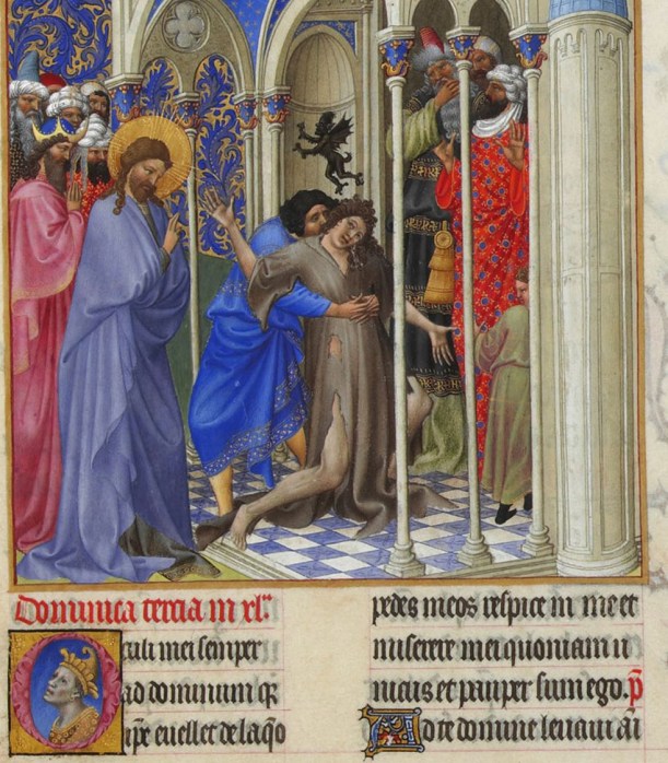 Jesus casts out an Unclean Spirit, illuminated manuscript, folio 166R, Tres Riches Heures du Duc du Berry, Limbourg Brothers, 1412-1416, Musee Condee, Chantilly, France.