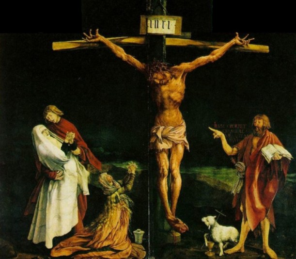 The Crucifixion, Isenheim Altarpiece, centre panel, Matthias Grünewald, 1512-1516, chapel of the Hospital of Saint Anthony, Isenheim, Germany, c. 1510-15, oil on wood, 9' 9 1/2" x 10' 9" Unterlinden Museum, Colmar, France. 