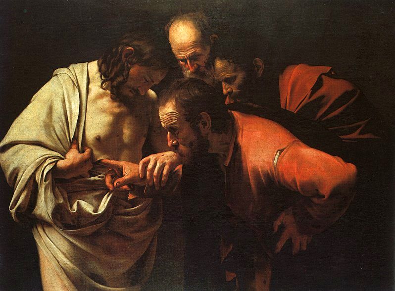 The Incredulity of St Thomas, Caravaggio, (1602), oil on canvas, Sanssouci Palace, Potsdam, Germany.