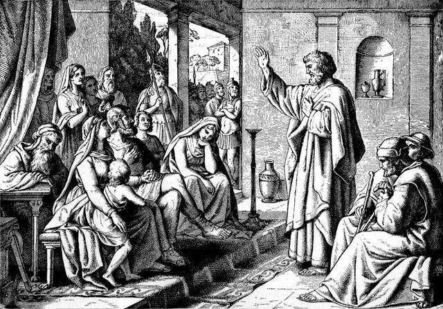 Peter in the house of Cornelius, 19th century, woodcut, artist unknown.