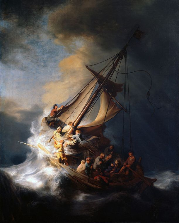 The Storm on the Sea of Galilee, Rembrandt, 1633, Oil on canvas, location unknown, stolen from the Isabella Stuart Gardner Museum, Boston.