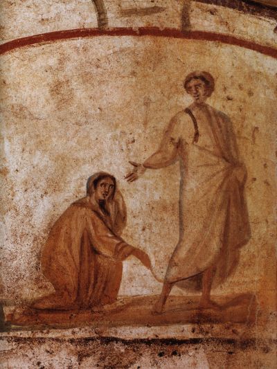 Christ healing the woman with the haemorrhage, 3rd to 4th century, Catacombs of Marcellinus and Peter, Via Casilina, Rome.