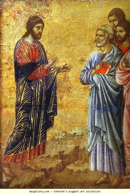 Christ commissions the disciples (detail), reverse surface of the Maesta, Altarpiece in Museo dell’Opera del Duomo, Siena, Duccio di Buoninsegna (ca 1255 - pre-1319), tempera on wood, 1308-1311.