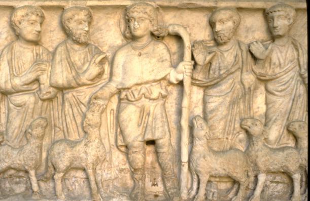 Christ as Good Shepherd with Apostles and lambs, Sarcophagus, 4th century, relief, Museo Pio Cristiano, Vatican.