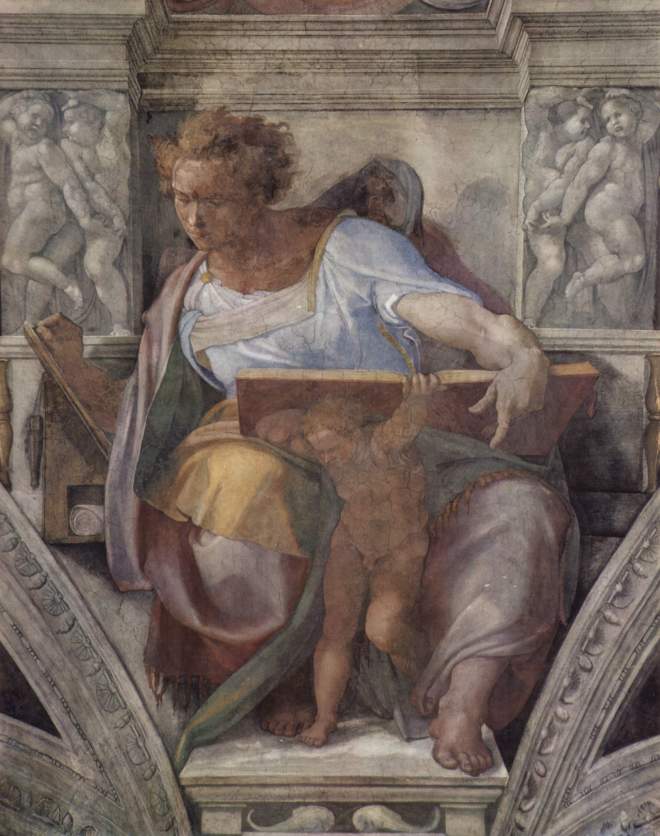 The Prophet Daniel, Michelangelo Buonarotti, c. 1508-1512, fresco, detail from the Sistine Chapel ceiling, Vatican Palace, Vatican City.